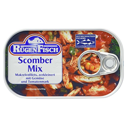 Rügen Fisch Scomber Mix, Makrelenfilets zerkleinert mit Gemüse und Tomatenmark, 120 g