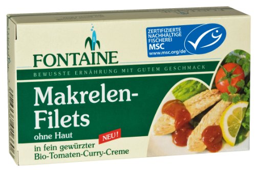 Fontaine Makrelen-Filets ohne Haut in Bio Tomaten-Curry-Creme 125g Fischkonserve, 10er Pack (10 x 125 g)