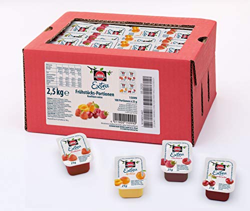 Schwartau Sortimentskartion Konfitüre Portionsschalen (Erdbeere, Himbeere, Aprikose, Sauerkirsche), 100er Pack (25 x 25g je Sorte)