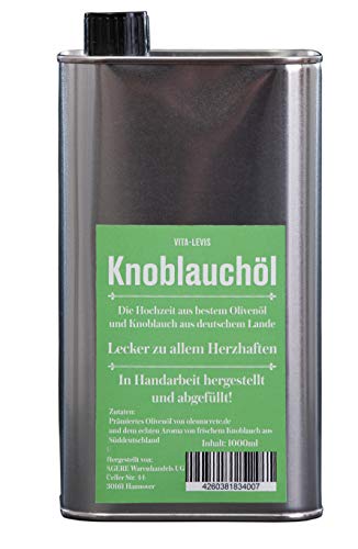 OHNE Konservierungsstoffe! Knoblauchöl 100% sortenreines Olivenöl aus der Koroneiki-Olive + Knoblauch aus deutschem Lande. 1000ml Weissblechdose.