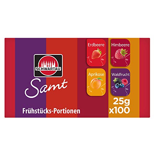 Schwartau Samt Sortimentskarton, 100 Portionsschalen à 25 g, je 25 x Samt Erdbeere, Himbeere, Waldfrucht und Aprikose